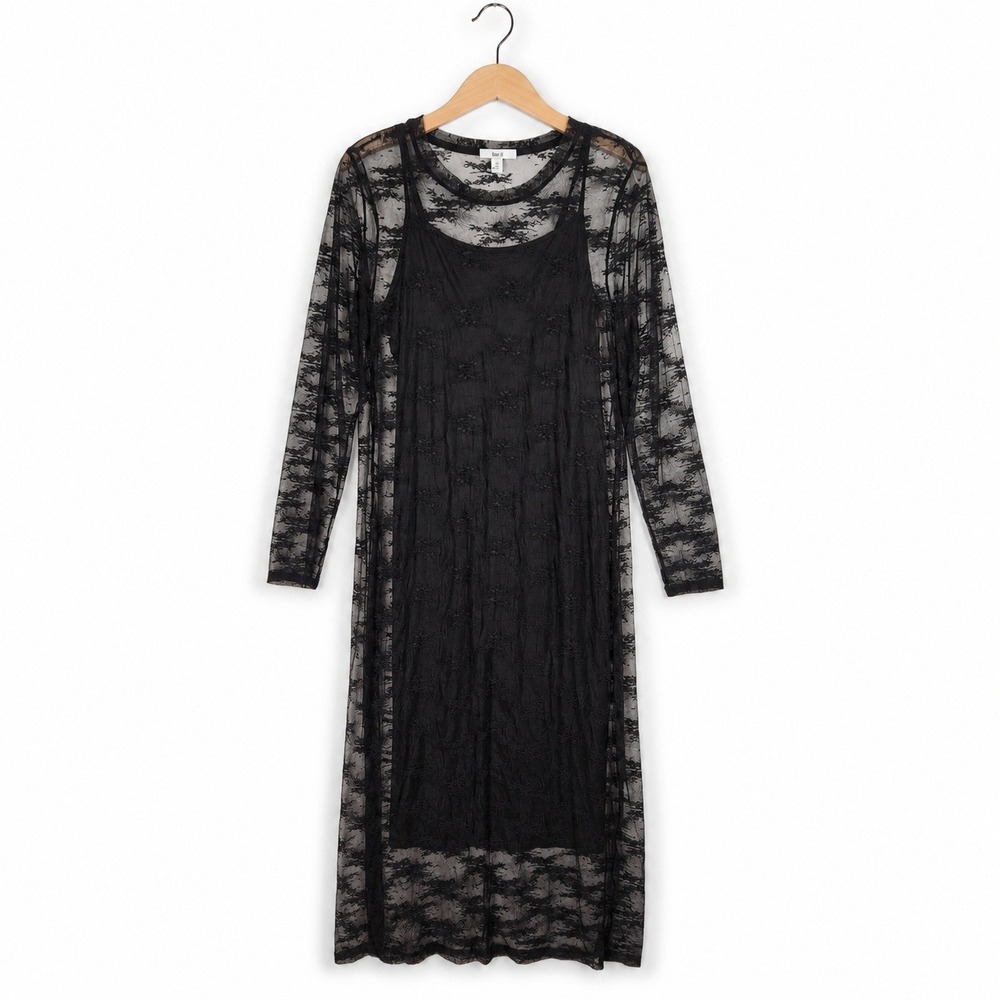 Bar III Lace Overlay Midi Dress Women 0X Deep Black Sheer Long Sleeve Gothic